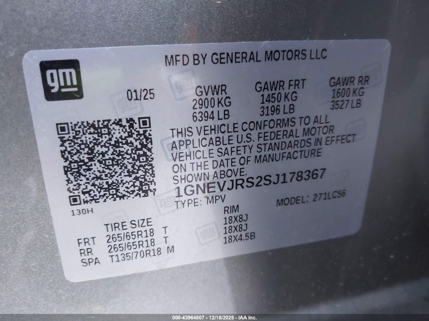2025 Chevrolet Traverse Awd Z71 VIN: 1GNEVJRS2SJ178367 Lot: 43964807