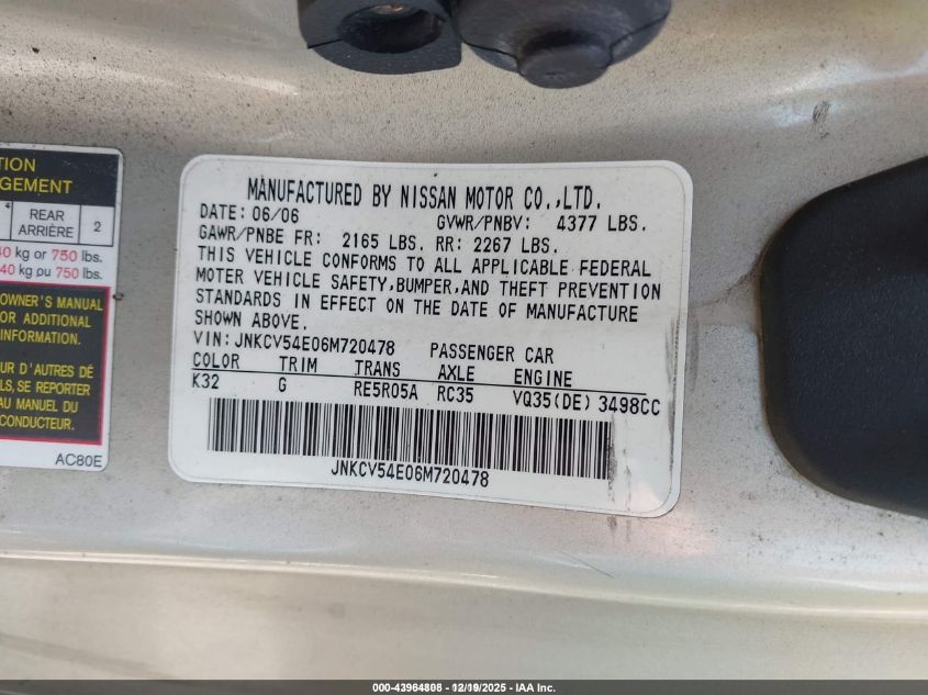 2006 Infiniti G35 VIN: JNKCV54E06M720478 Lot: 43964808
