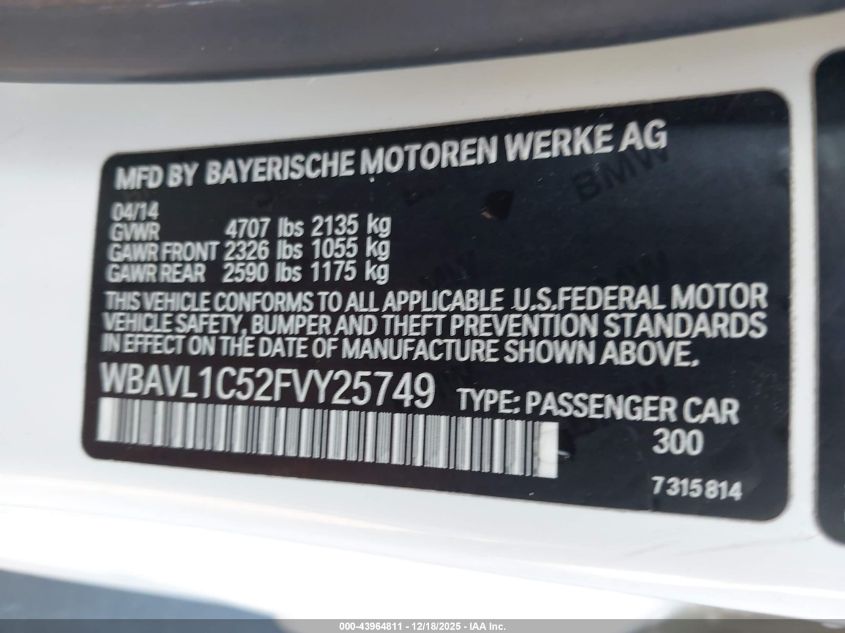 2015 BMW X1 xDrive28I VIN: WBAVL1C52FVY25749 Lot: 43964811