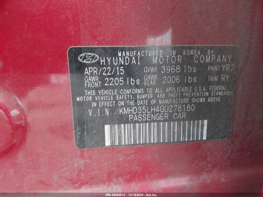 2016 Hyundai Elantra Gt VIN: KMHD35LH4GU278180 Lot: 43964812