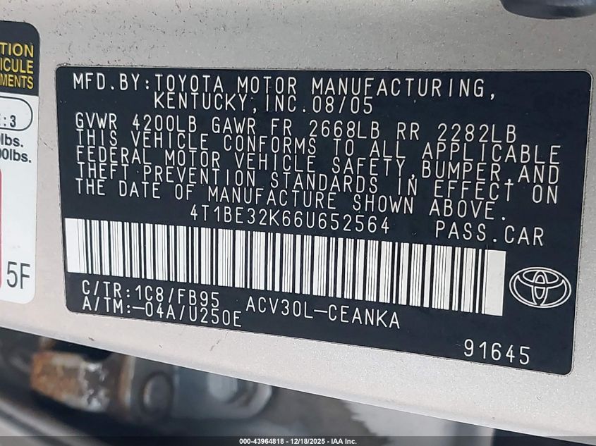 2006 Toyota Camry Le VIN: 4T1BE32K66U652564 Lot: 43964818