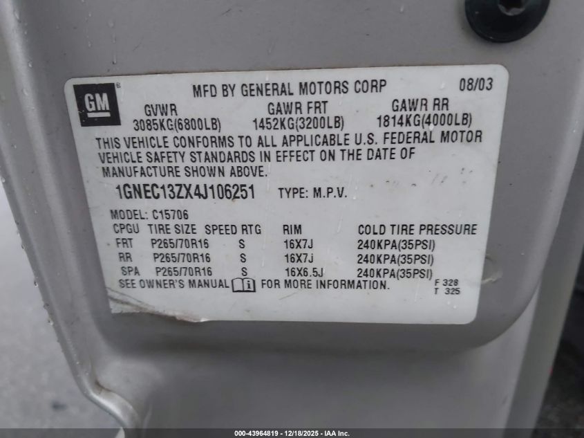 2004 Chevrolet Tahoe Lt VIN: 1GNEC13ZX4J106251 Lot: 43964819