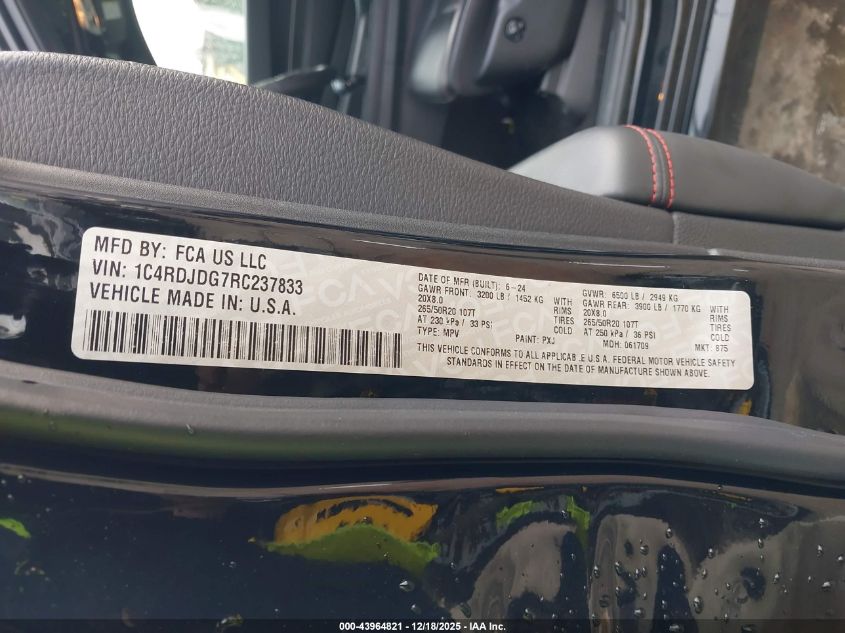 2024 Dodge Durango Gt Plus Awd VIN: 1C4RDJDG7RC237833 Lot: 43964821