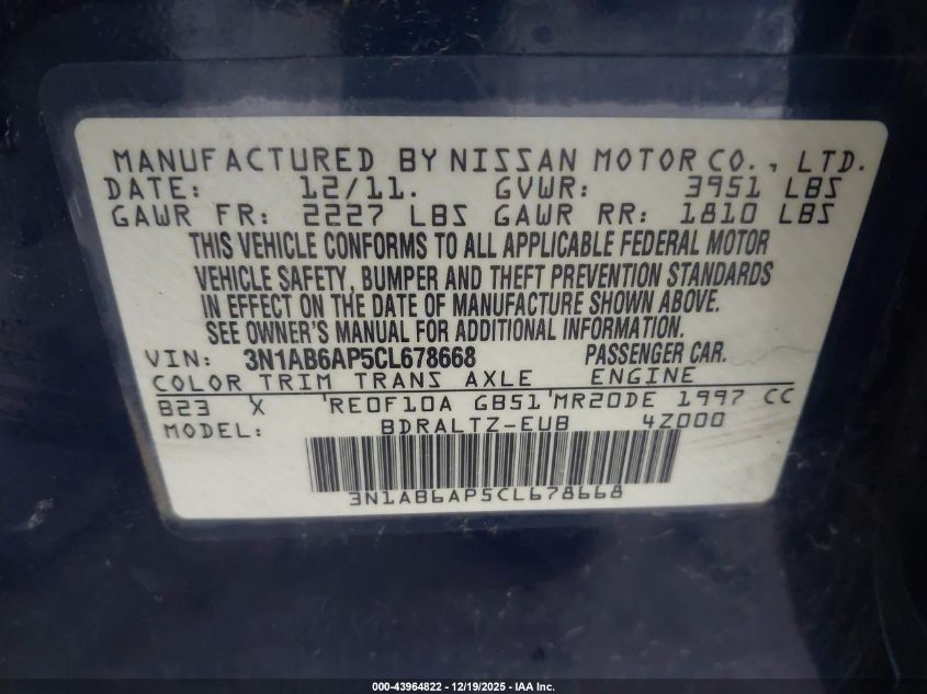 2012 Nissan Sentra 2.0 S VIN: 3N1AB6AP5CL678668 Lot: 43964822