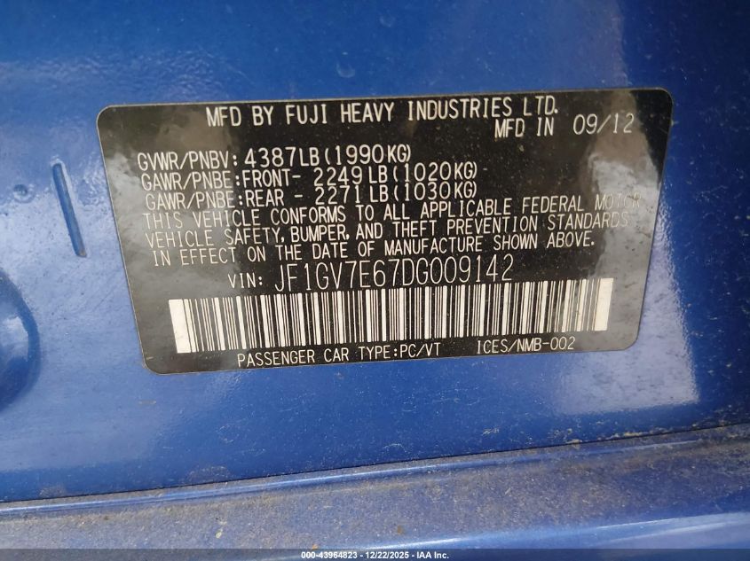 2013 Subaru Impreza Wrx VIN: JF1GV7E67DG009142 Lot: 43964823