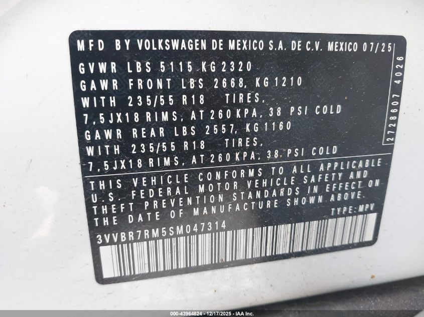 2025 Volkswagen Tiguan 2.0T S VIN: 3VVBR7RM5SM047314 Lot: 43964824