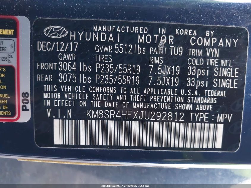 2018 Hyundai Santa Fe Se Ultimate VIN: KM8SR4HFXJU292812 Lot: 43964825