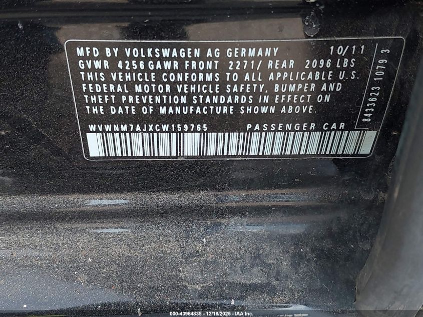 2012 Volkswagen Golf Tdi 4-Door VIN: WVWNM7AJXCW159765 Lot: 43964835