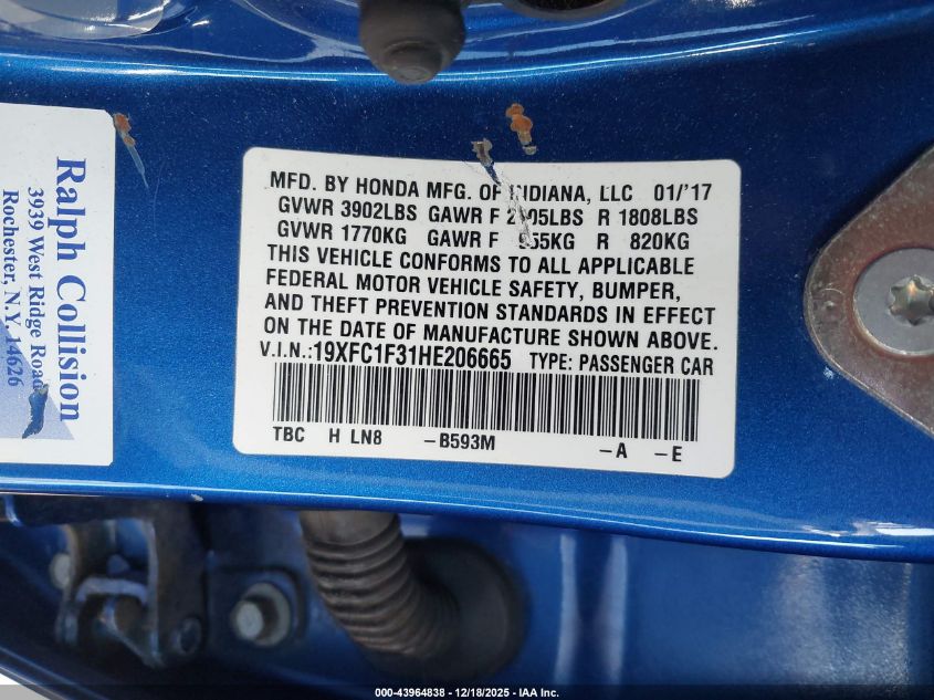 2017 Honda Civic Ex-T VIN: 19XFC1F31HE206665 Lot: 43964838