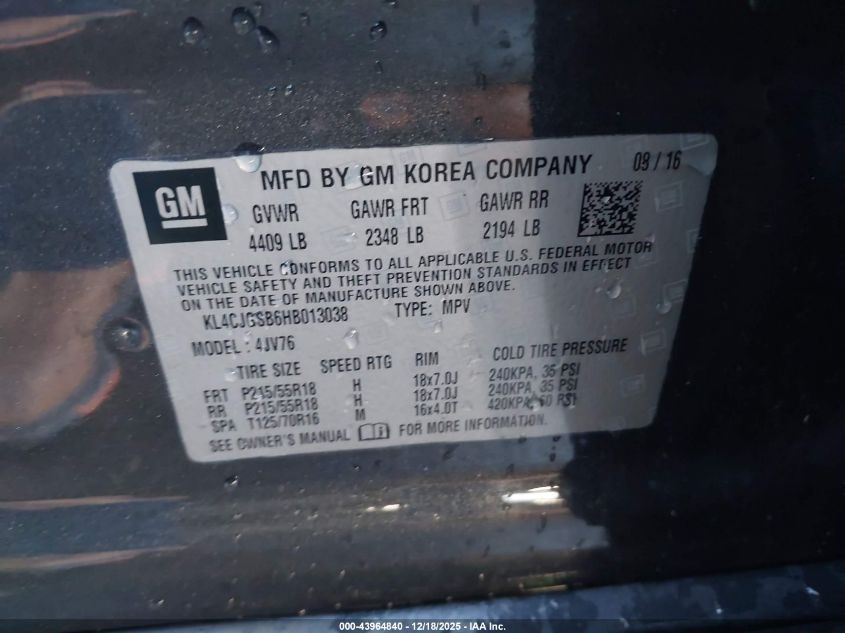 2017 Buick Encore Essence VIN: KL4CJGSB6HB013038 Lot: 43964840