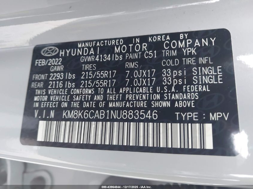 2022 Hyundai Kona Sel VIN: KM8K6CAB1NU883546 Lot: 43964844