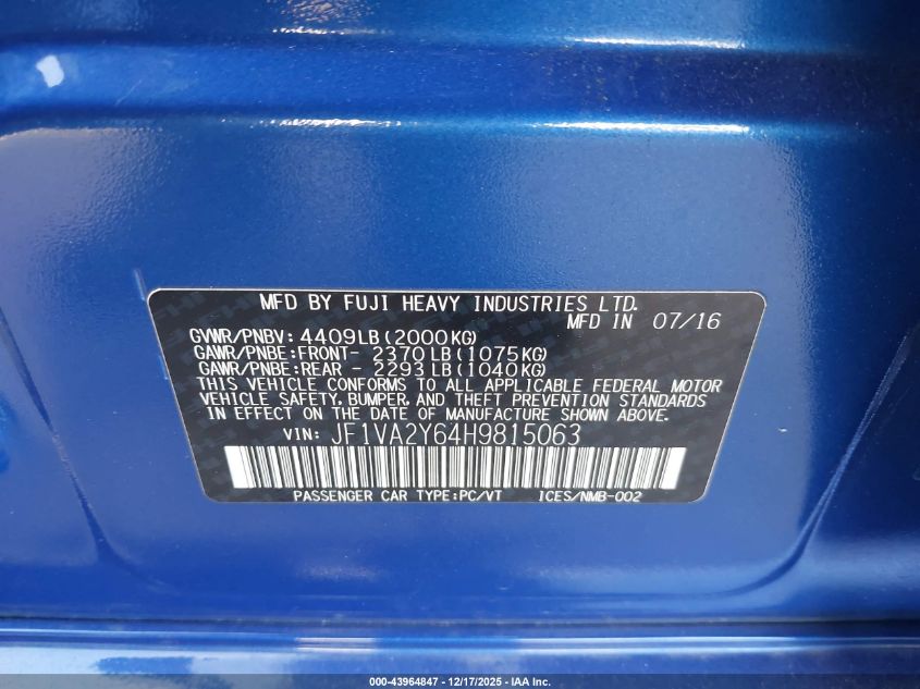 2017 Subaru Wrx Sti Limited VIN: JF1VA2Y64H9815063 Lot: 43964847