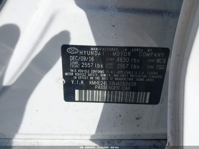2017 Hyundai Sonata Hybrid Se VIN: KMHE24L18HA059438 Lot: 43964848
