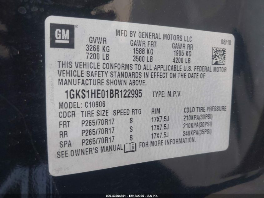 2011 GMC Yukon Xl 1500 Sle VIN: 1GKS1HE01BR122995 Lot: 43964851