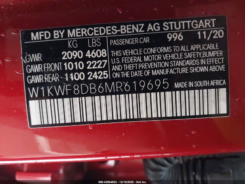 2021 Mercedes-Benz C 300 Sedan VIN: W1KWF8DB6MR619695 Lot: 43964852