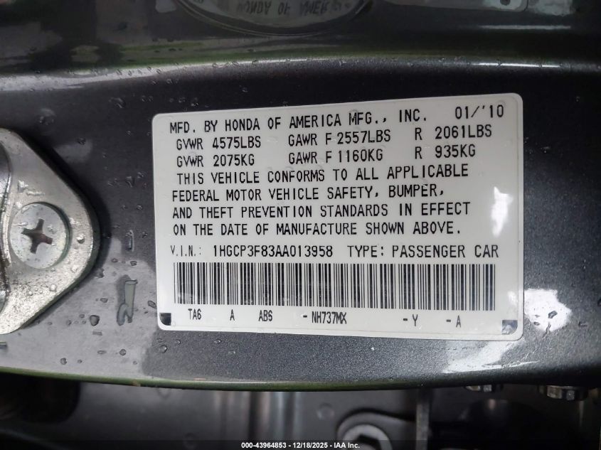 2010 Honda Accord 3.5 Ex-L VIN: 1HGCP3F83AA013958 Lot: 43964853