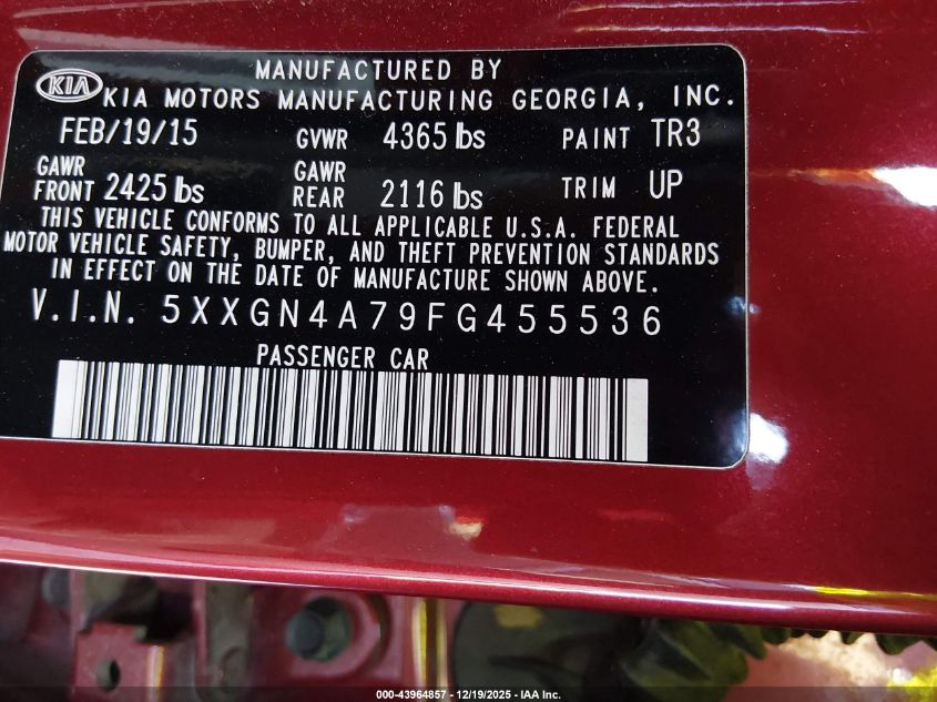 2015 Kia Optima Ex VIN: 5XXGN4A79FG455536 Lot: 43964857
