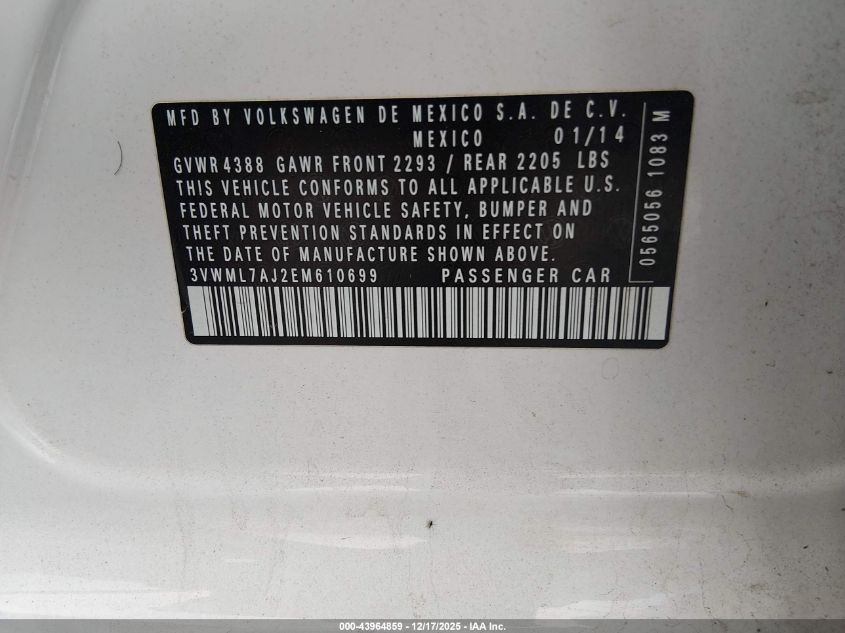 2014 Volkswagen Jetta Sportwagen 2.0L Tdi VIN: 3VWML7AJ2EM610699 Lot: 43964859