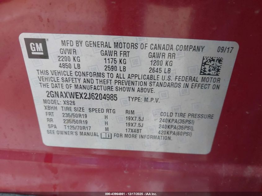 2018 Chevrolet Equinox Premier VIN: 2GNAXWEX2J6204985 Lot: 43964861