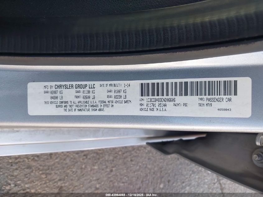 2014 Chrysler 200 Lx VIN: 1C3CCBAB3EN206606 Lot: 43964865