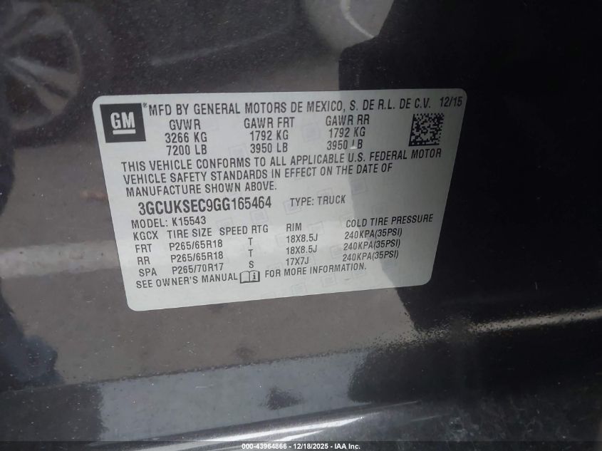 2016 Chevrolet Silverado 1500 2Lz VIN: 3GCUKSEC9GG165464 Lot: 43964866