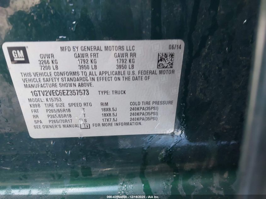 2014 GMC Sierra 1500 Slt VIN: 1GTV2VEC6EZ357573 Lot: 43964868