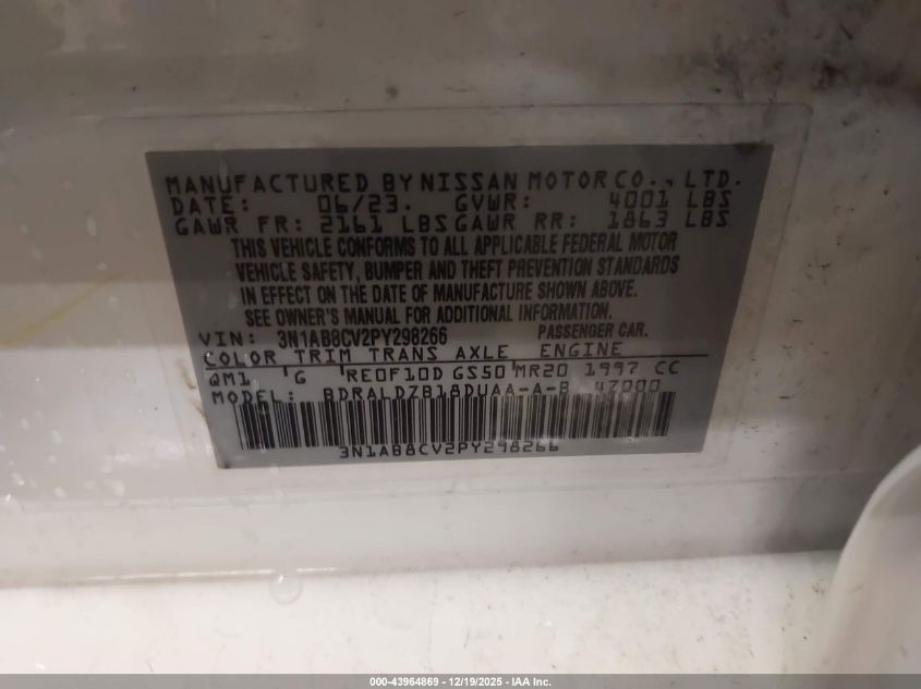 2023 Nissan Sentra Sv Xtronic Cvt VIN: 3N1AB8CV2PY298266 Lot: 43964869