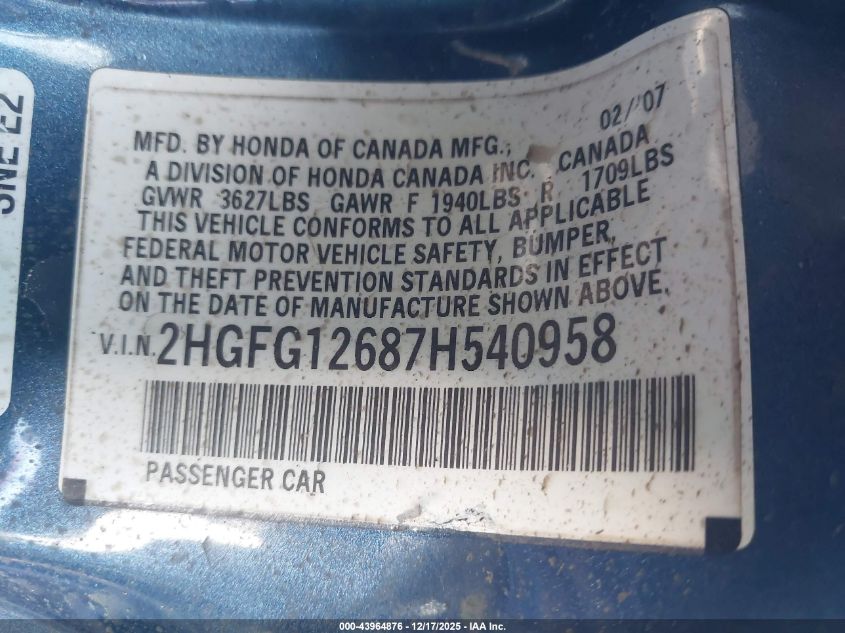2007 Honda Civic Lx VIN: 2HGFG12687H540958 Lot: 43964876