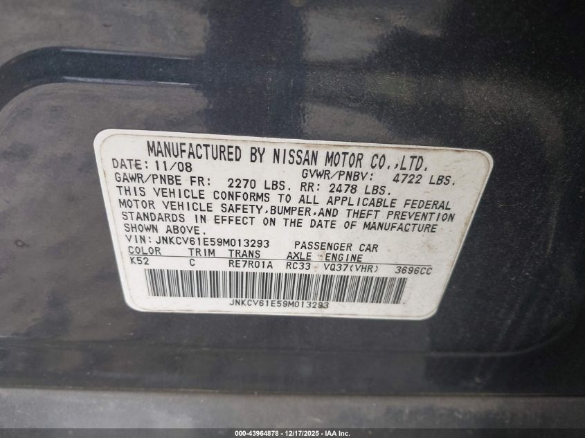2009 Infiniti G37 Journey VIN: JNKCV61E59M013293 Lot: 43964878