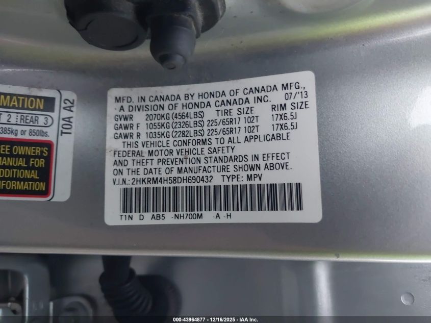 2013 Honda Cr-V Ex VIN: 2HKRM4H58DH690432 Lot: 43964877