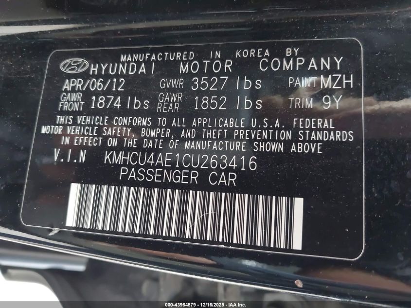 2012 Hyundai Accent Gls VIN: KMHCU4AE1CU263416 Lot: 43964879