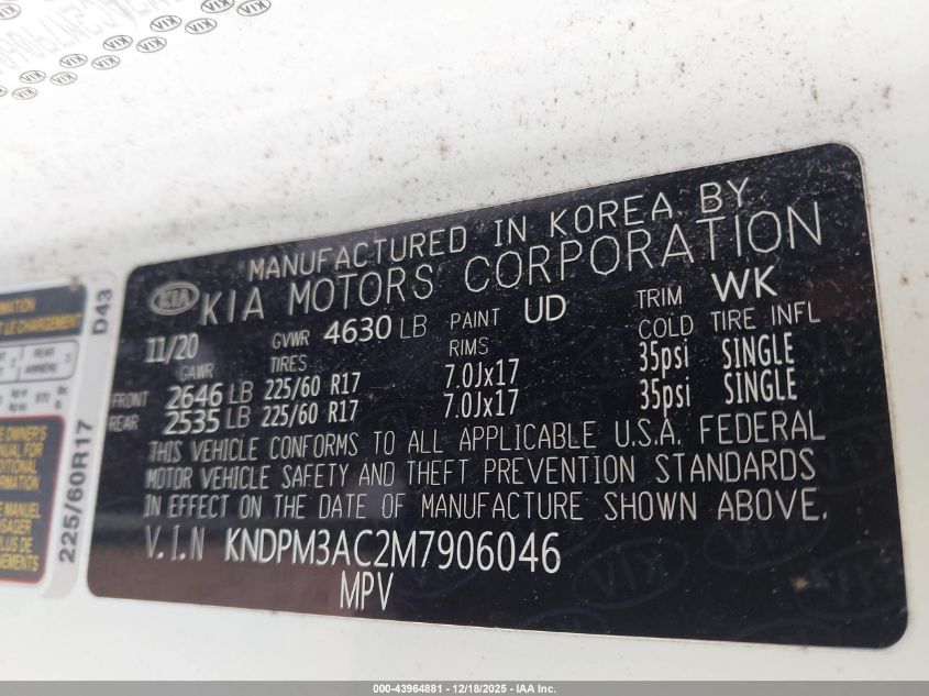 2021 Kia Sportage Lx VIN: KNDPM3AC2M790604 Lot: 43964881