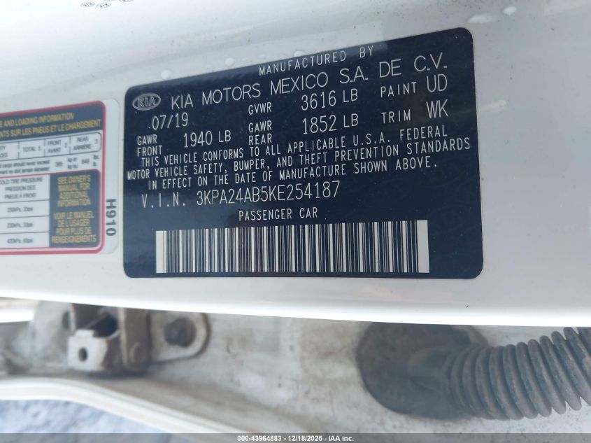 2019 Kia Rio Lx VIN: 3KPA24AB5KE254187 Lot: 43964883