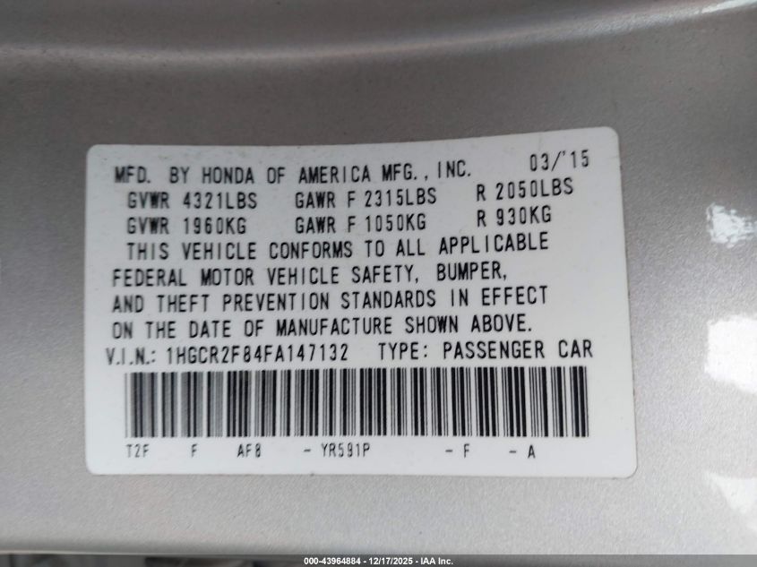 2015 Honda Accord Ex-L VIN: 1HGCR2F84FA147132 Lot: 43964884