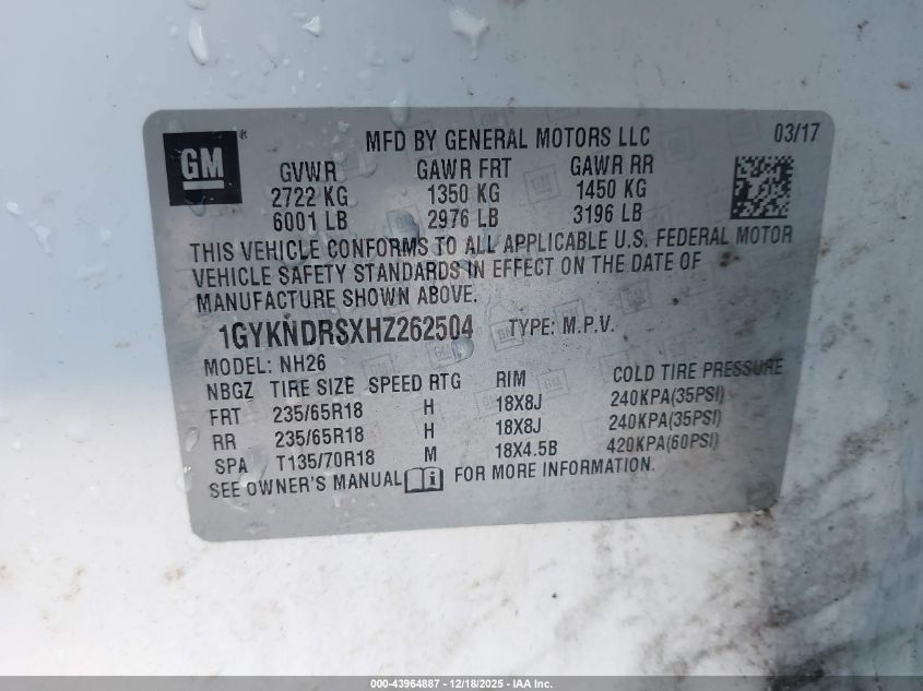 2017 Cadillac Xt5 Luxury VIN: 1GYKNDRSXHZ262504 Lot: 43964887