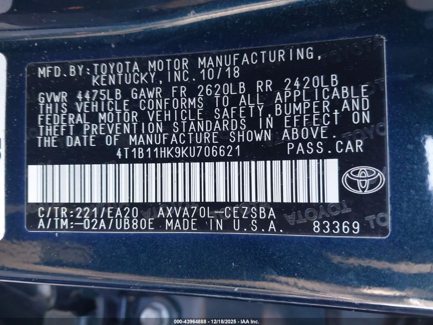 2019 Toyota Camry Se VIN: 4T1B11HK9KU706621 Lot: 43964888