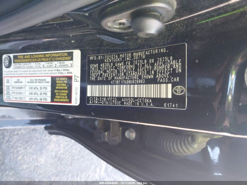 2017 Toyota Camry Se VIN: 4T1BF1FK9HU626863 Lot: 43964889