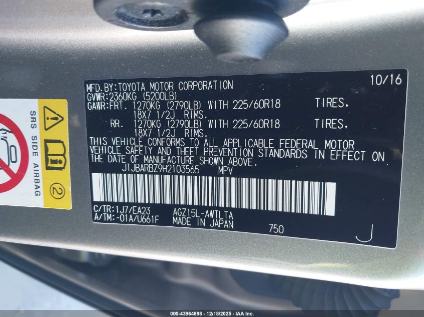 2017 Lexus Nx 200T VIN: JTJBARBZ9H2103565 Lot: 43964898