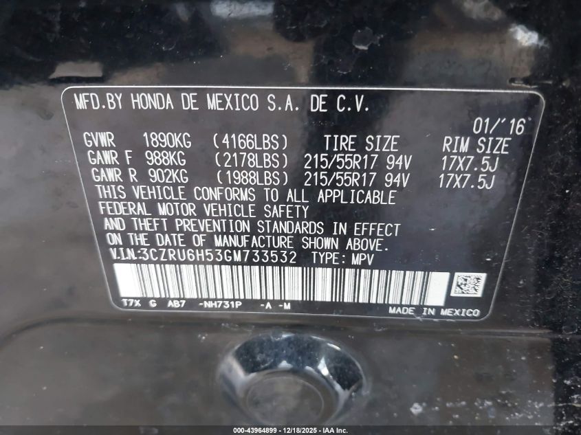 2016 Honda Hr-V Ex VIN: 3CZRU6H53GM733532 Lot: 43964899