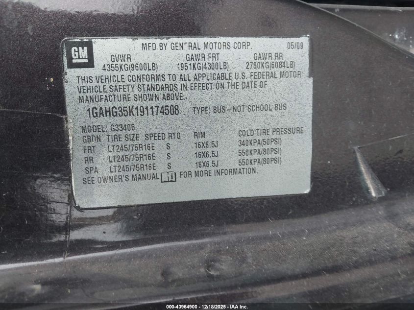 2009 Chevrolet Express 3500 Ls VIN: 1GAHG35K191174508 Lot: 43964900