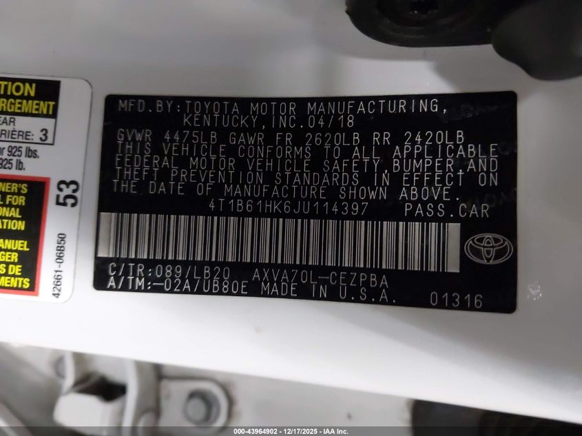 2018 Toyota Camry Xse VIN: 4T1B61HK6JU114397 Lot: 43964902