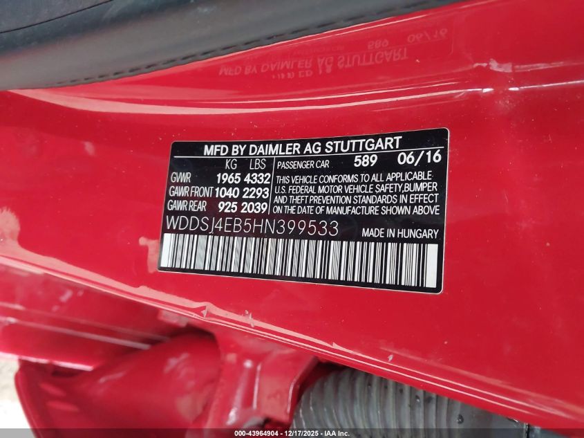 2017 Mercedes-Benz Cla 250 VIN: WDDSJ4EB5HN399533 Lot: 43964904