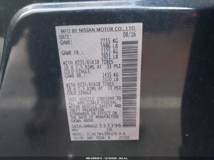 2016 Infiniti Qx60 VIN: 5N1AL0MNXGC533396 Lot: 43964912