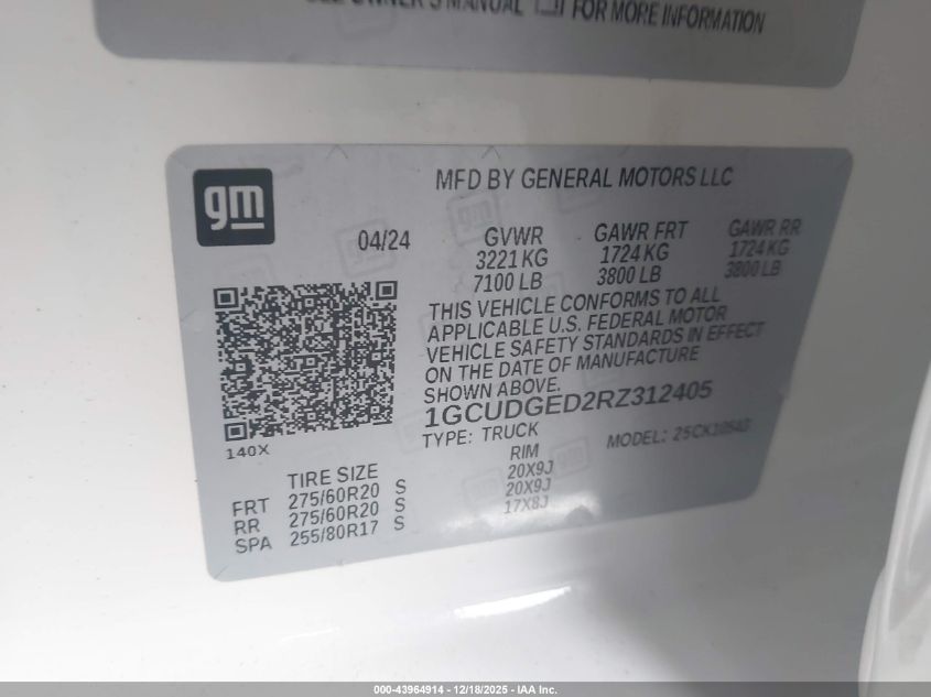 2024 Chevrolet Silverado 1500 4Wd Short Bed Ltz VIN: 1GCUDGED2RZ312405 Lot: 43964914