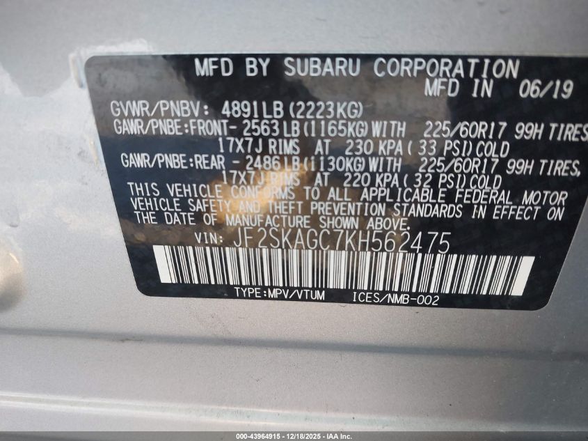 2019 Subaru Forester Premium VIN: JF2SKAGC7KH562475 Lot: 43964915