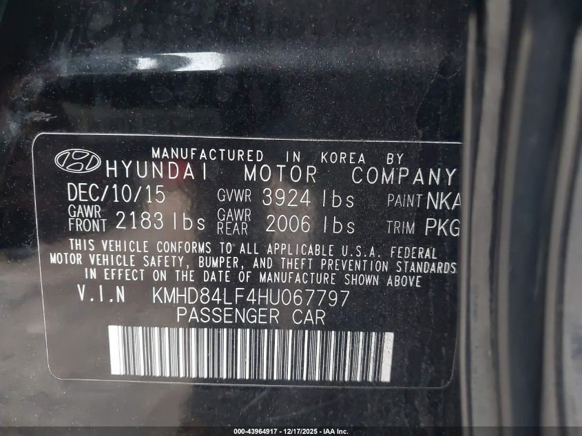 2017 Hyundai Elantra Limited VIN: KMHD84LF4HU067797 Lot: 43964917