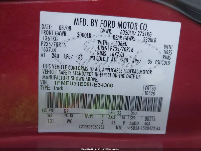 2008 Ford Explorer Sport Trac Xlt VIN: 1FMEU31E08UB34366 Lot: 43964919