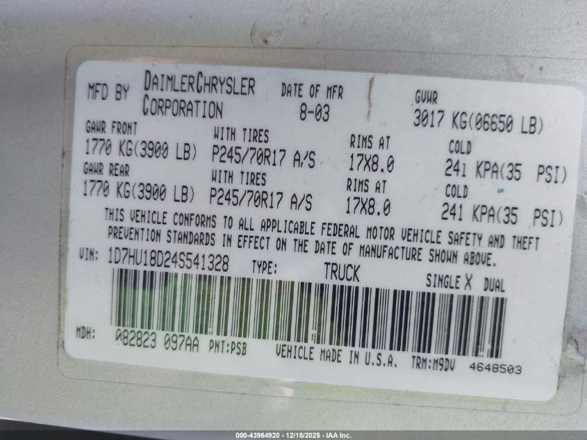2004 Dodge Ram 1500 Slt/Laramie VIN: 1D7HU18D24S541328 Lot: 43964920