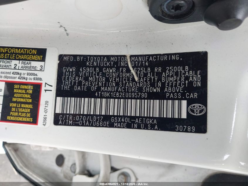 2014 Toyota Avalon Xle VIN: 4T1BK1EB2EU095790 Lot: 43964921