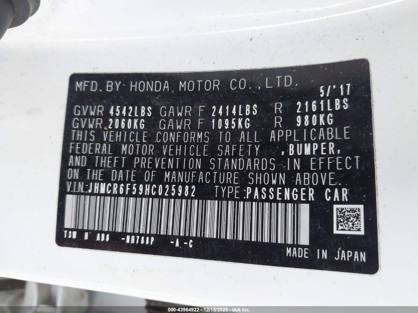 2017 Honda Accord Hybrid Ex-L VIN: JHMCR6F59HC025982 Lot: 43964922